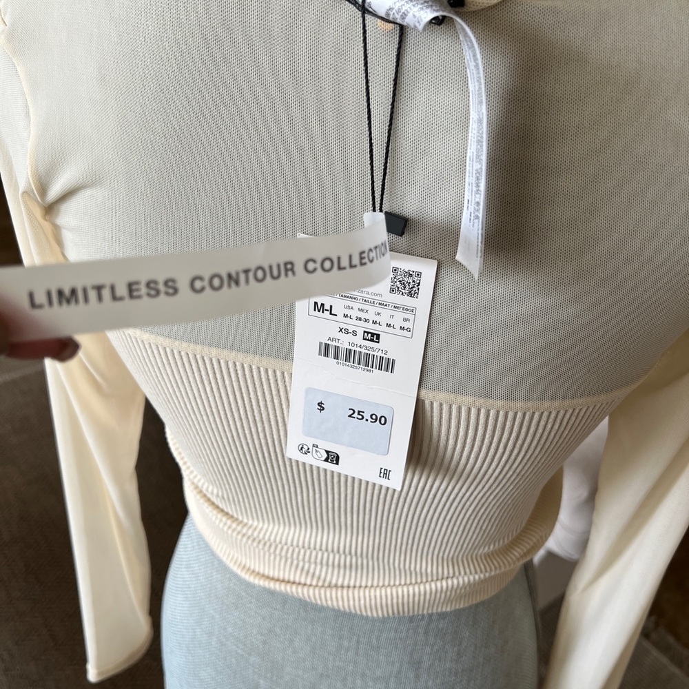Sheer Panel Ribbed Long-Sleeve Top - Cream - Picture 2 of 2
